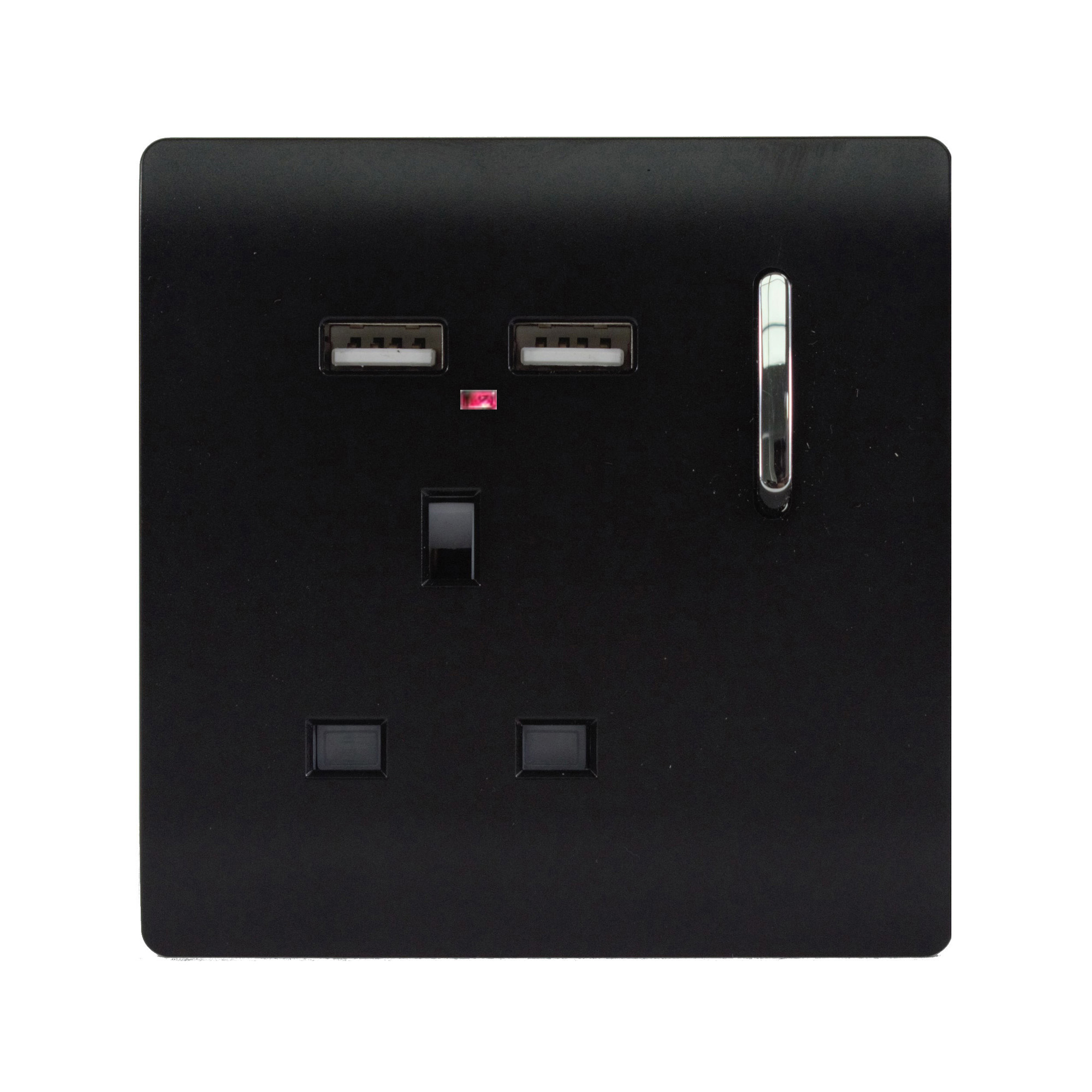 1 Gang Switched Single Socket 13A With 2 x USB-A 10W (Shared) With Neon Insert Matt Black ART-SKT13USBMBK  Trendi Matt Black